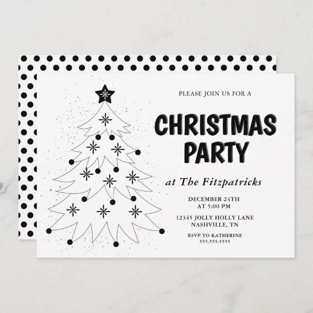 Convite Black and White Festive Tree Christmas Party (Frente/Verso)