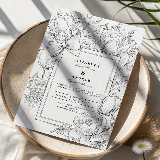Convite Black and White Floral Bow Wedding (Criador carregado)