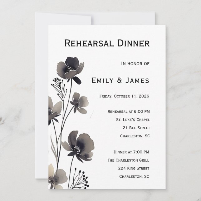 Convite Black and White Floral Wedding (Frente)