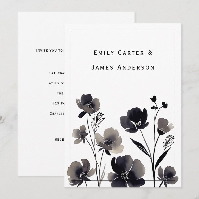 Convite Black and White Floral Wedding (Frente/Verso)