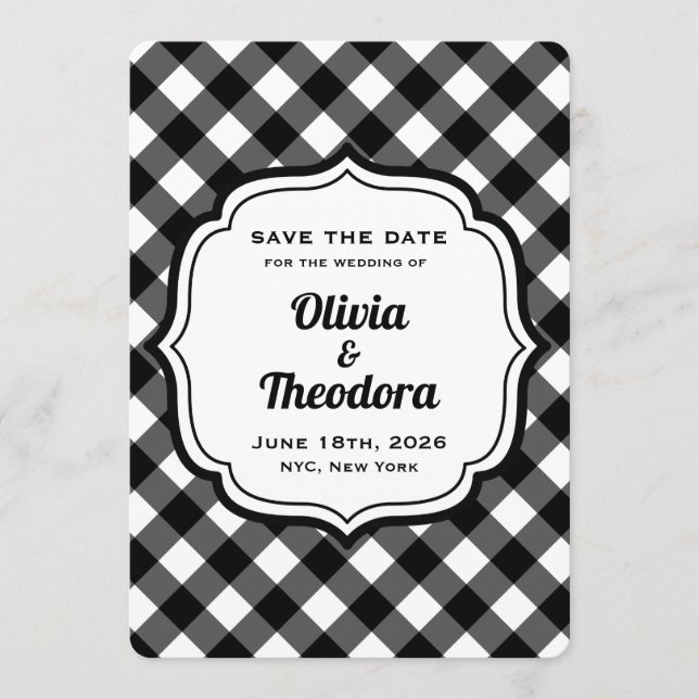 Convite Black and White Gingham Save the Date Cards (Frente)