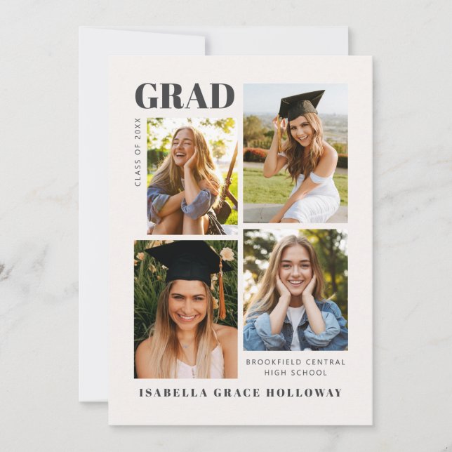 Convite Black and White Grad Announcement With Photos (Frente)