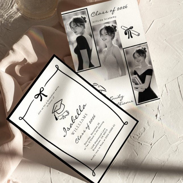 Convite Black and White Hand Drawn Bow graduation (Criador carregado)