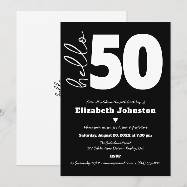Convite Black and White Hello 50 Fabulous Birthday Bold (Frente/Verso)