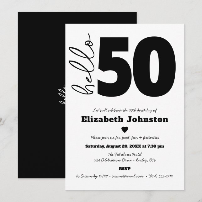 Convite Black and White Hello 50 Fabulous Birthday Modern (Frente/Verso)