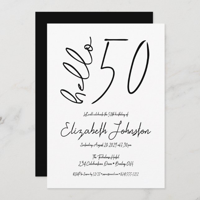 Convite Black and White Hello 50 Fabulous Birthday Simple (Frente/Verso)