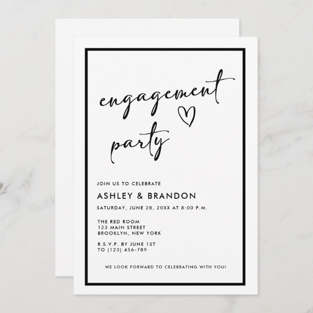 Convite Black and White Modern Engagement Party (Frente/Verso)