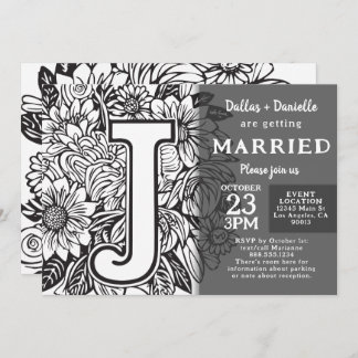 Convite Black and White Monogram J Tattoo Flowers Wedding