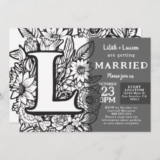 Convite Black and White Monogram L Tattoo Flowers Wedding
