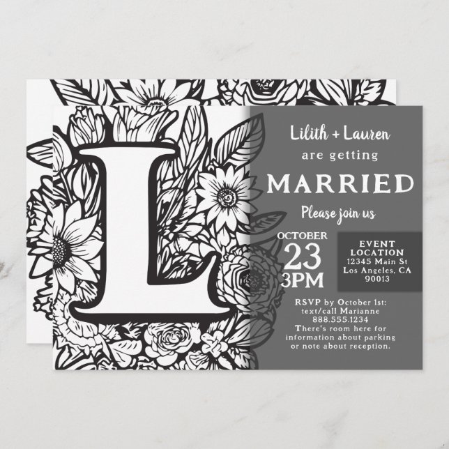 Convite Black and White Monogram L Tattoo Flowers Wedding (Frente/Verso)