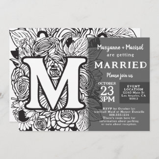 Convite Black and White Monogram M Tattoo Flowers Wedding