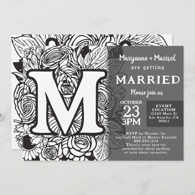 Convite Black and White Monogram M Tattoo Flowers Wedding (Frente/Verso)