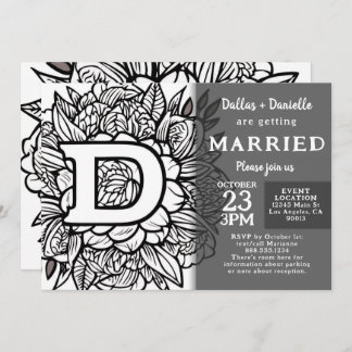 Convite Black and White Monogram Tattoo Flowers Wedding