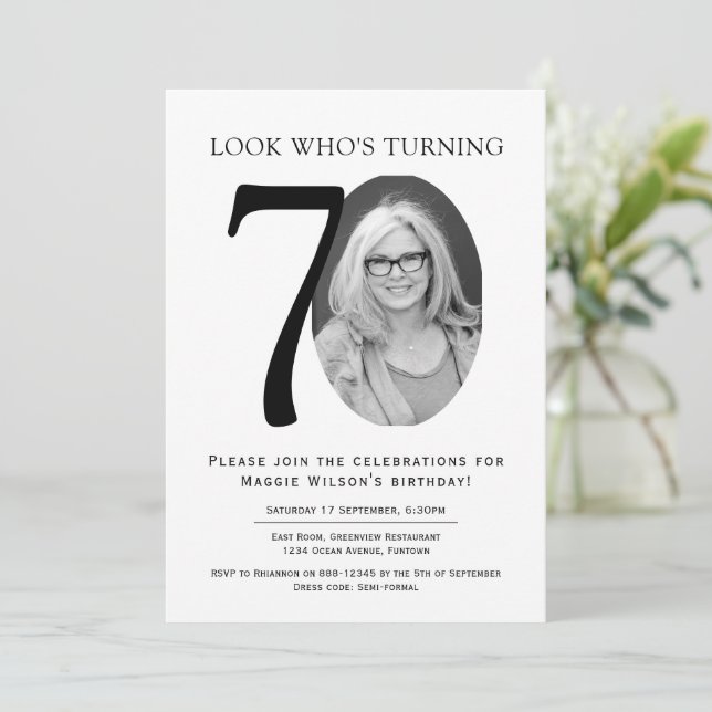 Convite Black and White Photo 70th Birthday (Em pé/Frente)