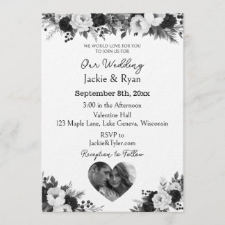 Convite Black and White Photo Template Botanical Wedding
