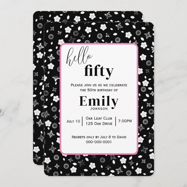 Convite Black and White Posy para a 50ª Festa de aniversár (Frente/Verso)
