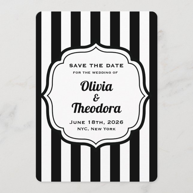 Convite Black and White Stripe Save the Date Cards (Frente)