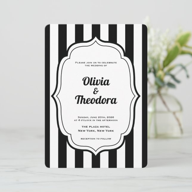 Convite Black and White Stripe wedding invitation (Em pé/Frente)