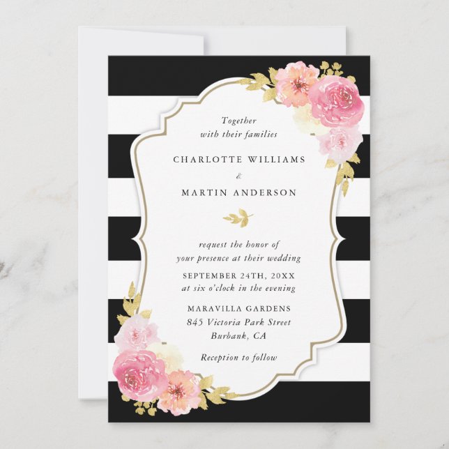 Convite Black and White Striped Blush Pink Floral Wedding (Frente)