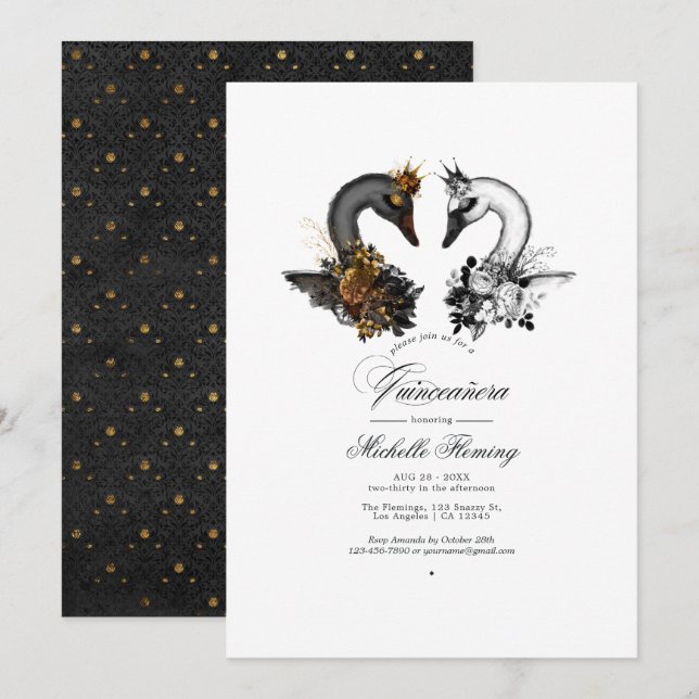 Convite Black and White Swans Quinceañera (Frente/Verso)