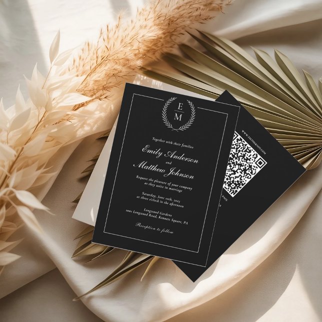 Convite Black And White Wedding Invitation QR Code (Criador carregado)