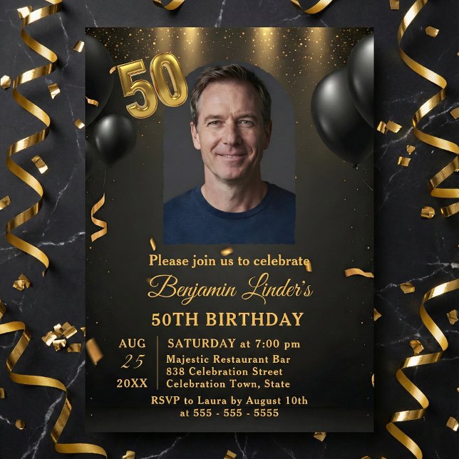 Convite Black Balloons & Gold Confetti Photo 50th Birthday (Criador carregado)