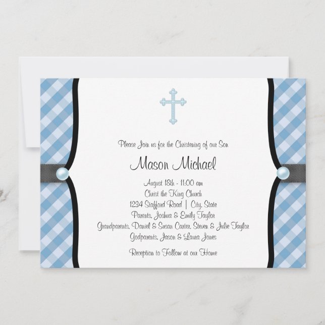 Convite Black Blue Pearl Cross Blue Gingham Christening (Frente)