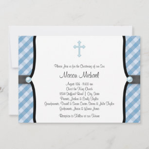 Convite Black Blue Pearl Cross Blue Gingham Christening