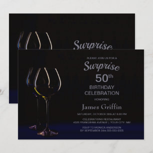 Convite Black Blue Surprise 50th Birthday Wine Glass Party