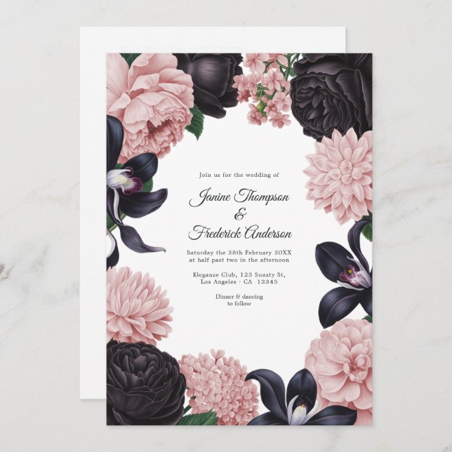 Convite Black & Blush Photo/QR Code Floral Wedding (Frente/Verso)