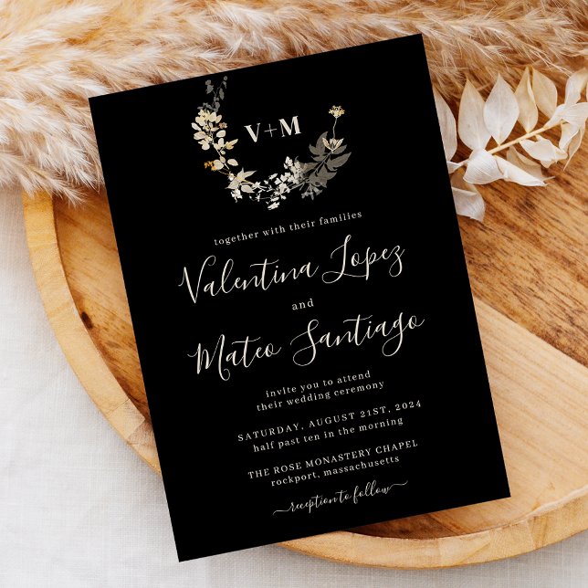 Convite Black Boho Botanage Monograma Wedding Invi (Criador carregado)