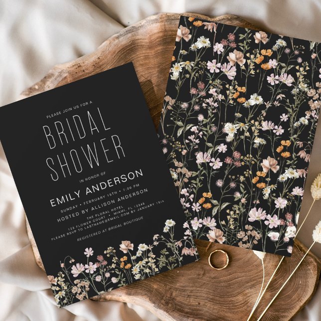 Convite Black Boho Wildflower Chá de panela Elegante (Criador carregado)