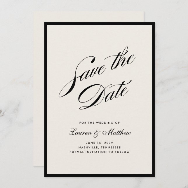Convite Black Border Ivory Modern Save the Date (Frente/Verso)