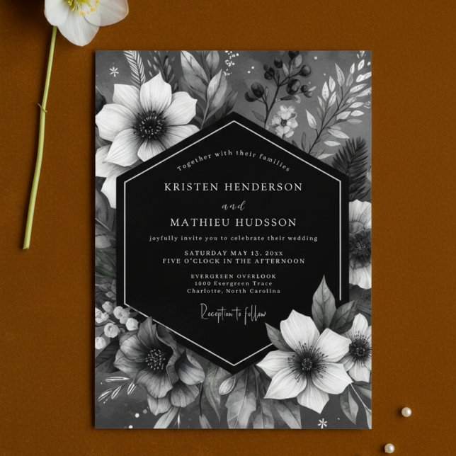 Convite Black Botanical Romance Wedding (Criador carregado)