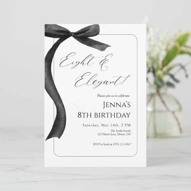 Convite Black Bow 8th Birthday Invitation  (Em pé/Frente)