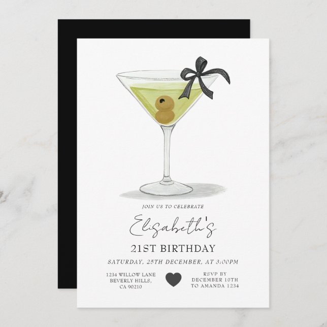 Convite Black Bow A tiny bit older Olive Martini Birthday (Frente/Verso)