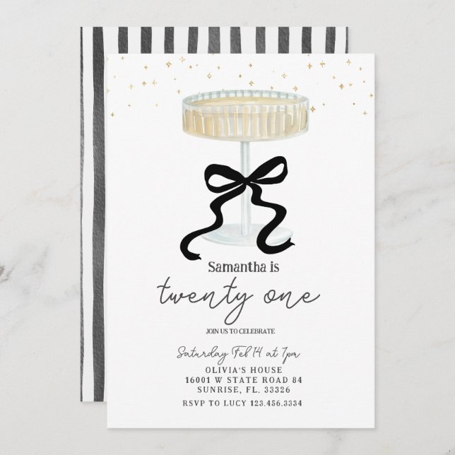 Convite Black Bow Champagne Glass Party Invite (Frente/Verso)