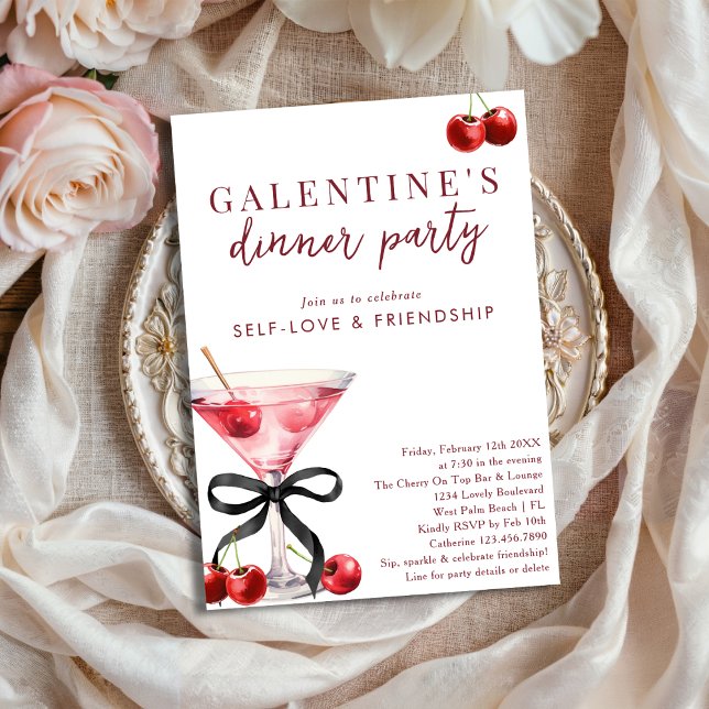 Convite Black Bow Cherry Martini Galentines Dinner Party (Criador carregado)