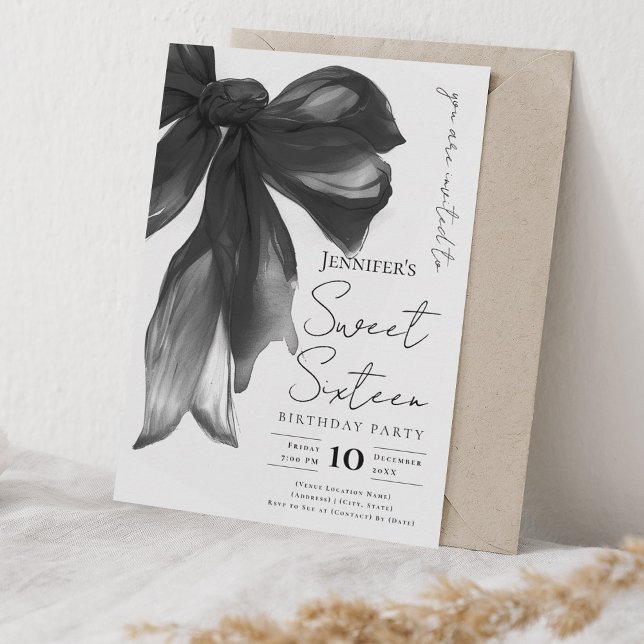 Convite Black Bow Coquette Script Sweet 16 Party (Criador carregado)