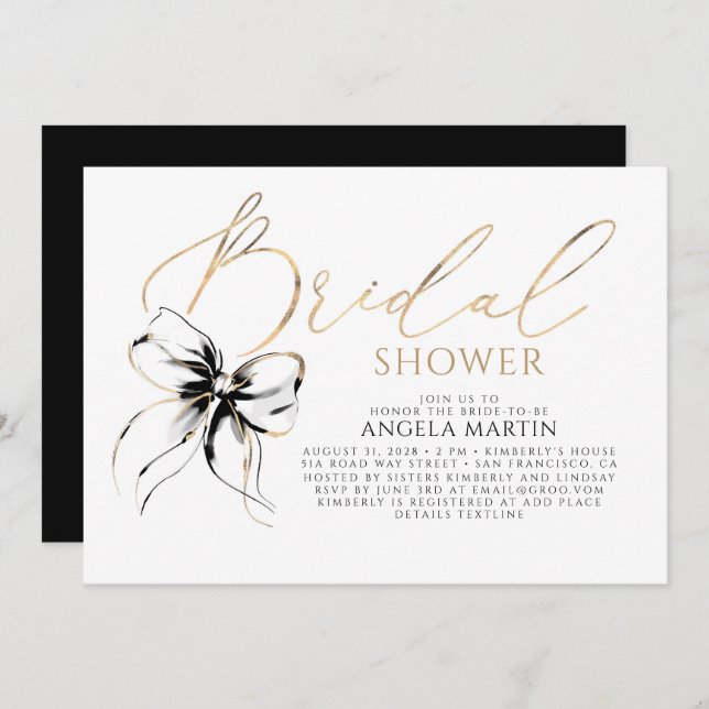 Convite Black Bow Elegant Romantic Modern Bridal Shower (Frente/Verso)