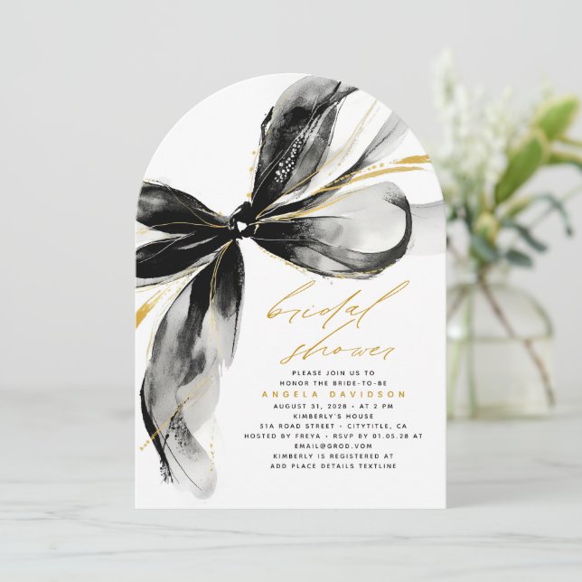 Convite Black Bow Elegant Romantic Whimsical Bridal Shower (Em pé/Frente)