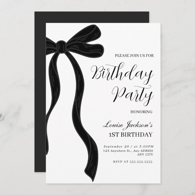 Convite Black Bow First Birthday Party Invitation (Frente/Verso)