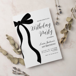 Convite Black Bow First Birthday Party Invitation