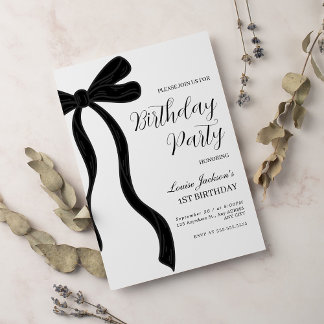 Convite Black Bow First Birthday Party Invitation