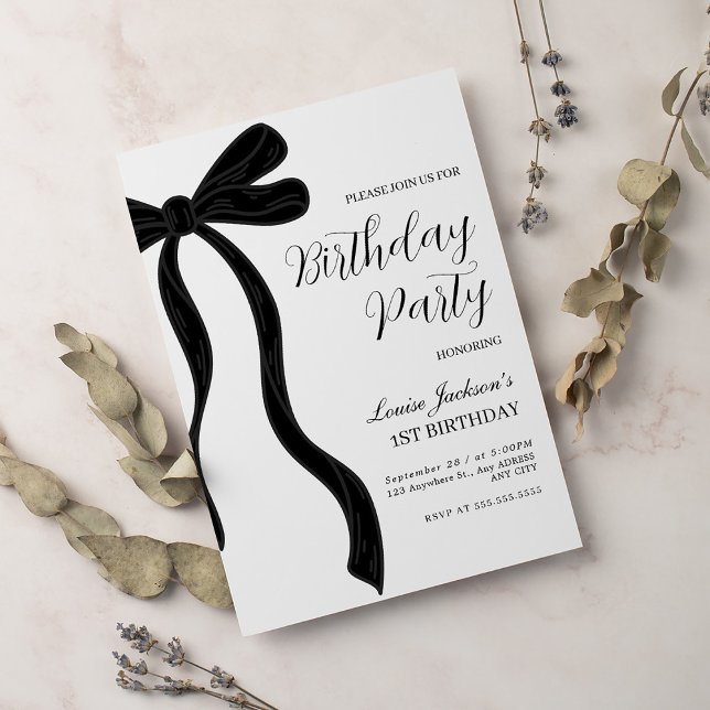 Convite Black Bow First Birthday Party Invitation (Criador carregado)