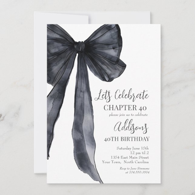 Convite Black Bow Forty 40th Birthday Party Invitation (Frente)