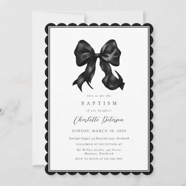 Convite Black Bow Girl Baptism Invitation (Frente)