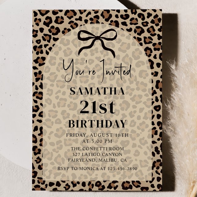 Convite Black Bow Leopard Cheetah Birthday Invitation (Criador carregado)