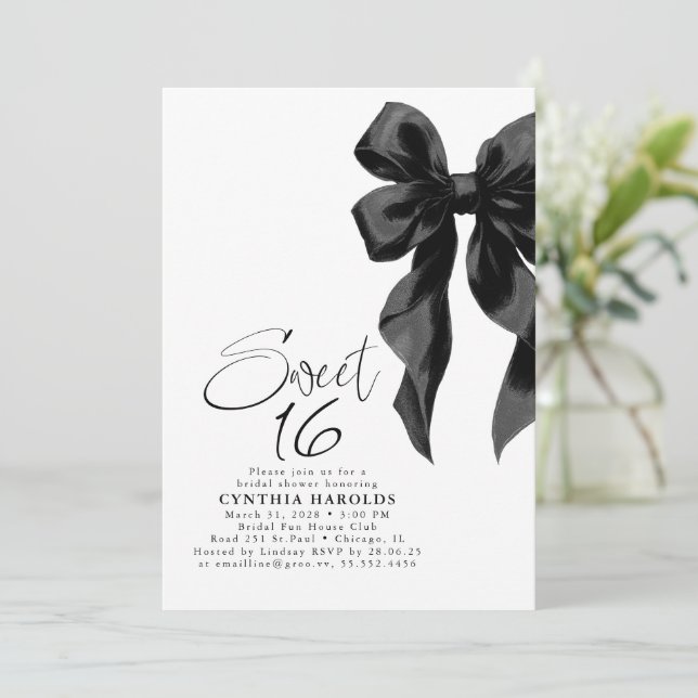 Convite Black Bow Sweet 16 Birthday (Em pé/Frente)