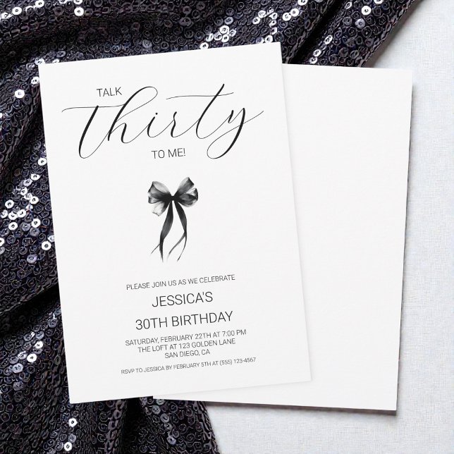 Convite Black Bow Talk Thirty To Me 30th Birthday Party (Black Bow Talk Thirty To Me 30th Birthday Party Invitation)